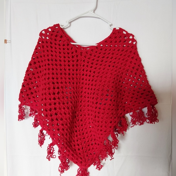 Other - Crochet Poncho, Girl’s Size Large Red Color Handmade Crochet Poncho
